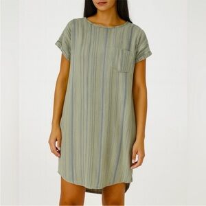 Anthropologie Cloth & Stone Green Striped Button-Back Linen Blend Shirt Dress S